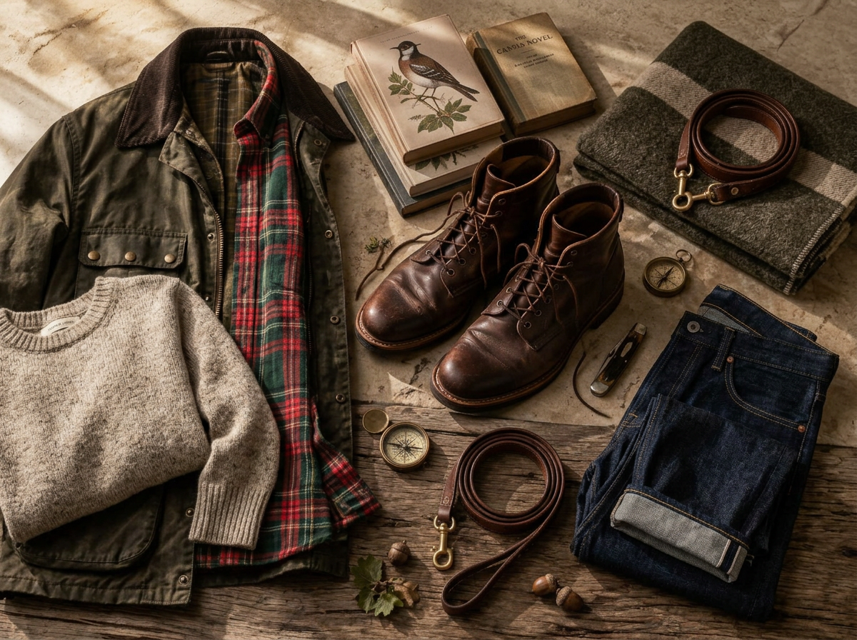 Editorial assortment of field jacket, boots, books and useful objects