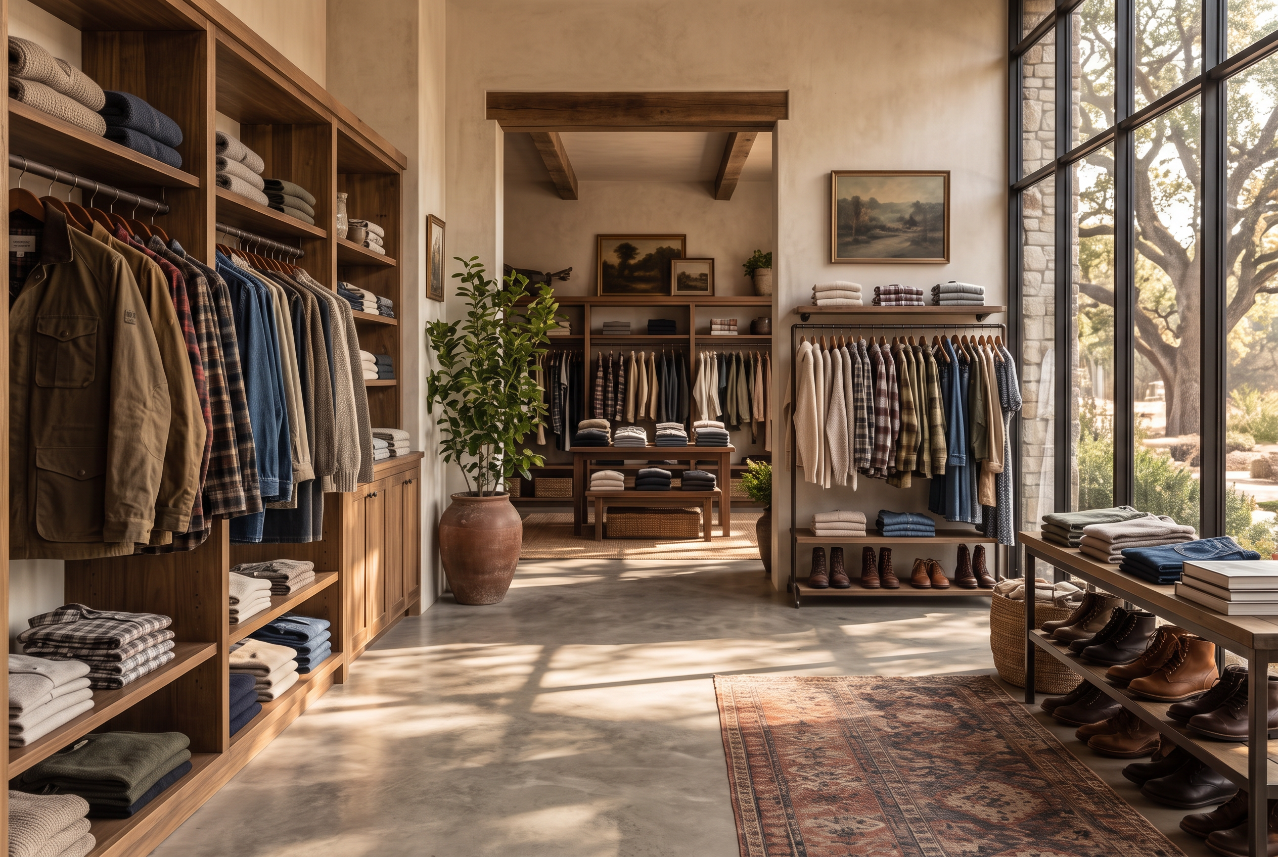 PLAYWELL interior with books, apparel, plants and natural materials